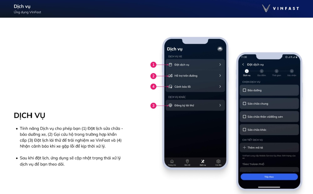 Tính năng tiện ích dịch vụ trên Ứng dụng VinFast có gì?