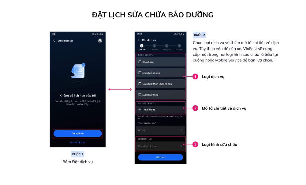 Tính năng tiện ích dịch vụ trên Ứng dụng VinFast - đặt lịch sửa chữa, bảo dưỡng