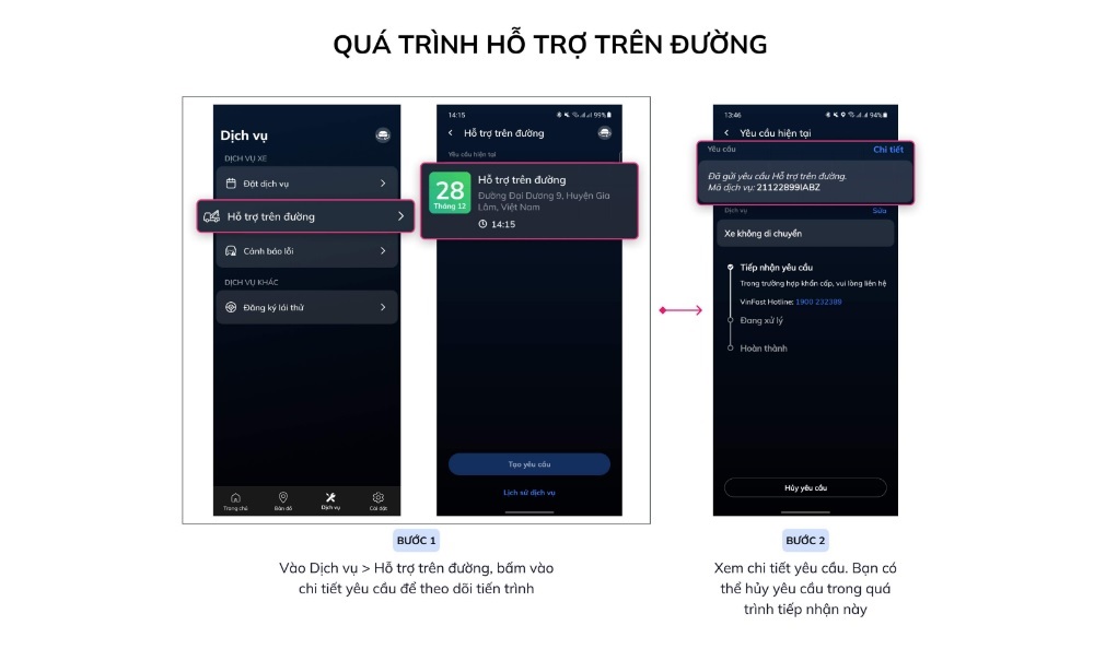 Hướng dẫn sử dụng tiện ích dịch vụ trên Ứng dụng VinFast - quá trình hỗ trợ trên đường